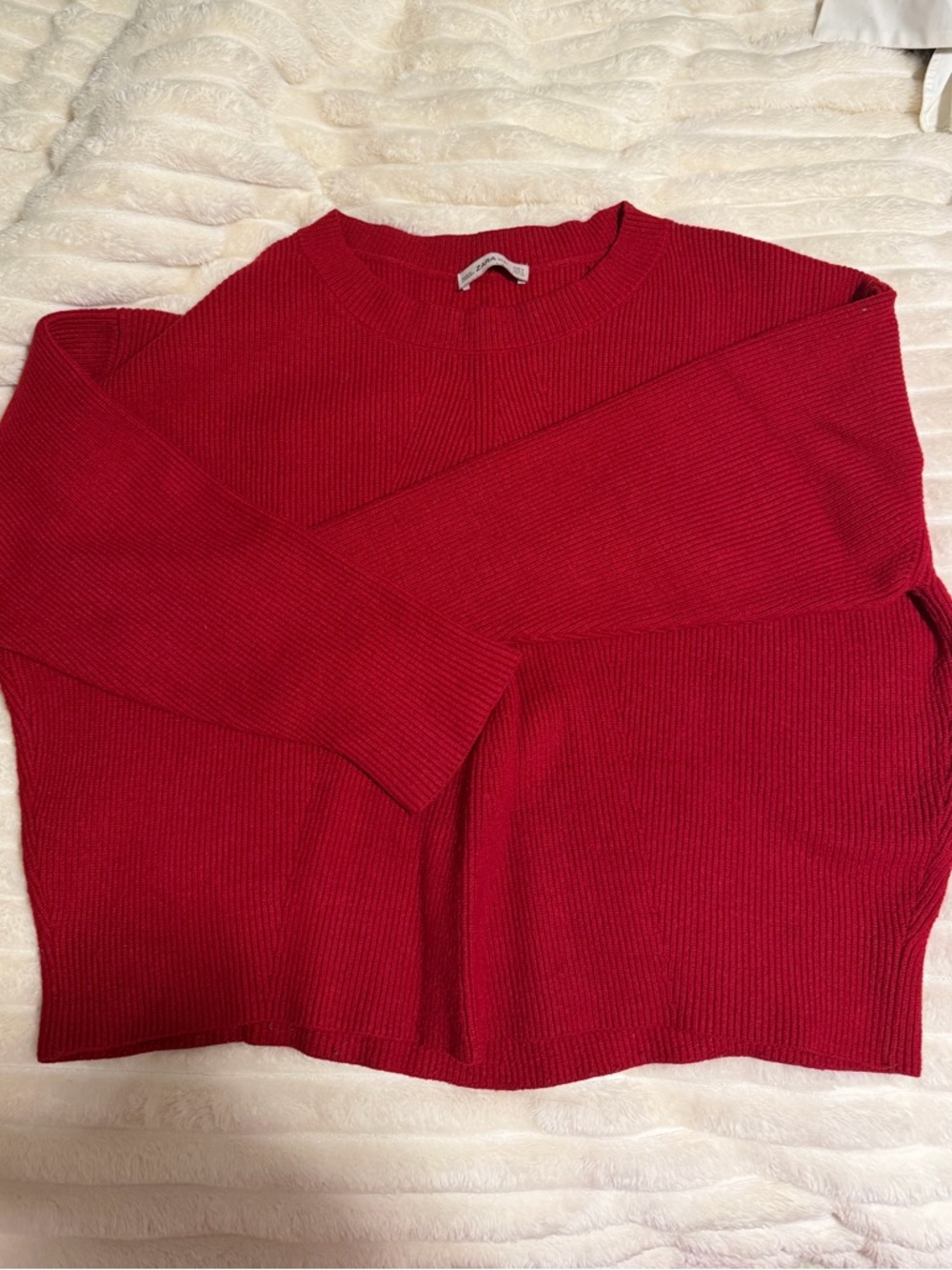 Zara Red Ribbed Crewneck Sweater